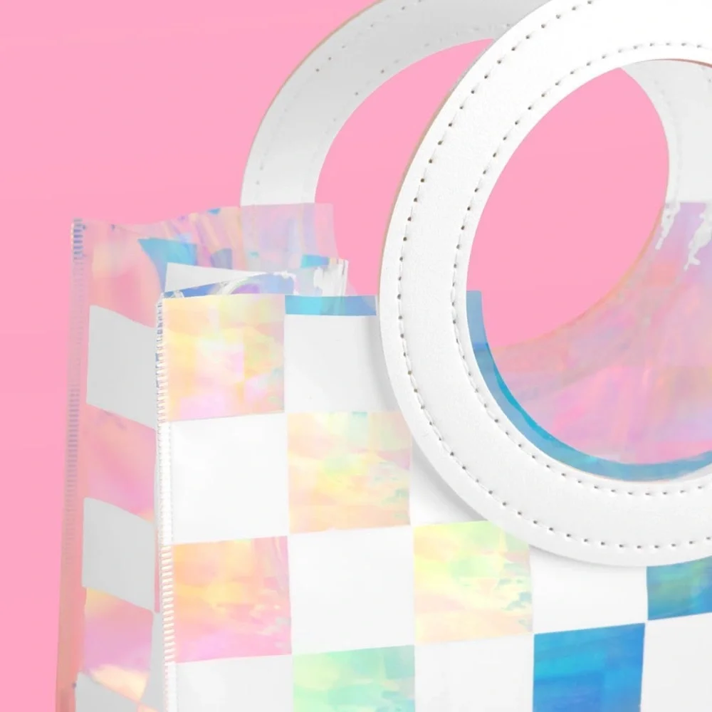NWT 6Pc Clear Iridescent‎ + White Checkered PVC Bag Set